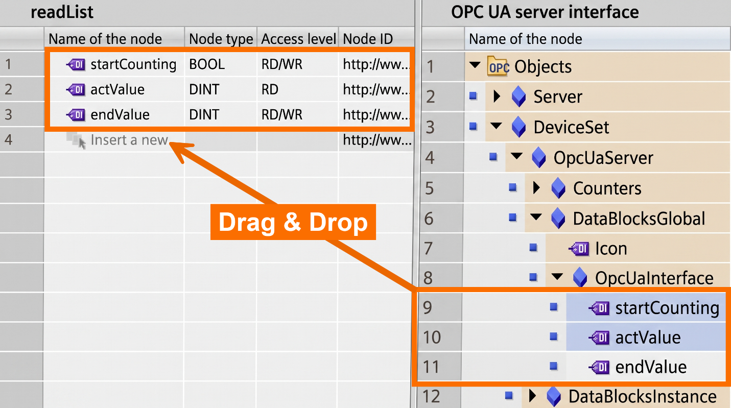 Figure 4.5: OPC UA Client setup on Siemens PLC - Adding server variables to the read list