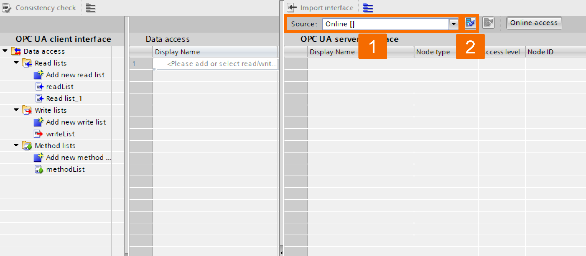 Figure 4.4: OPC UA Client setup on Siemens PLC - Establishing online server connection
