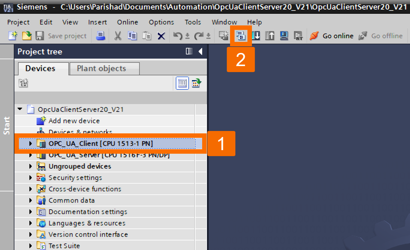 Figure 4.7: OPC UA Client setup on Siemens PLC - Compiling CPU to generate data blocks