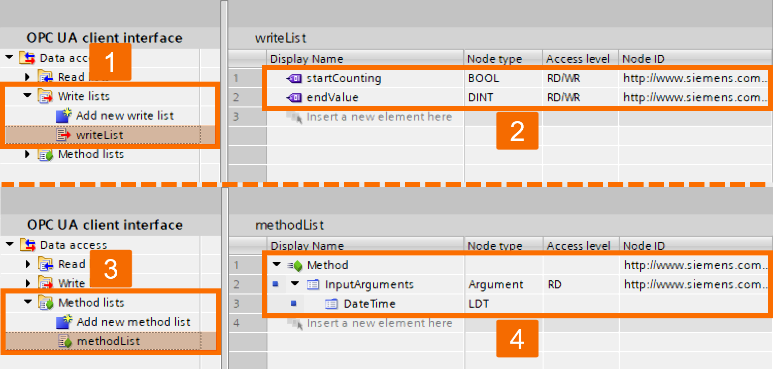 Figure 4.6: OPC UA Client setup on Siemens PLC - Setting up write and method lists