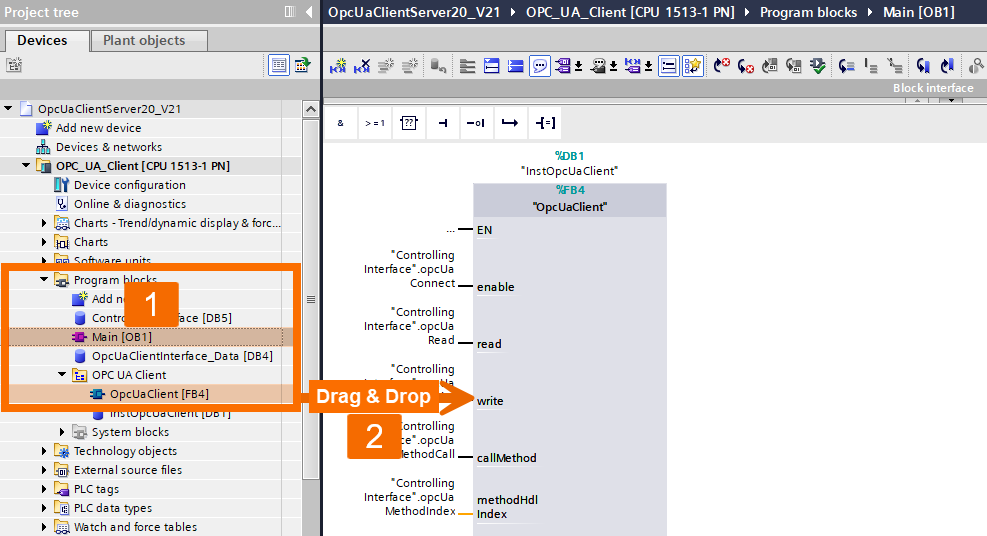 Figure 5.1: OPC UA Client setup on Siemens PLC - Calling OpcUaClient block in OB