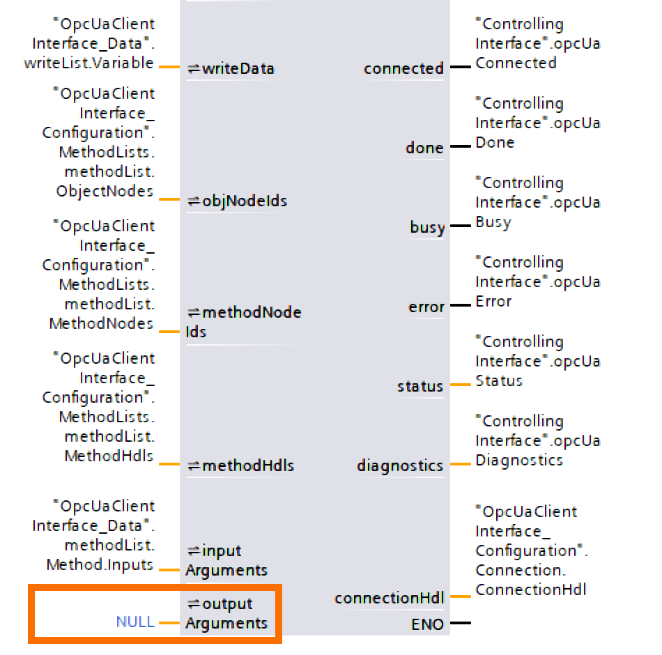 Figure 5.4: OPC UA Client setup on Siemens PLC - Assigning NULL to unused interface parameter