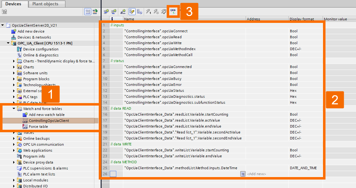 Figure 6.1: OPC UA Client setup on Siemens PLC - Opening watch table