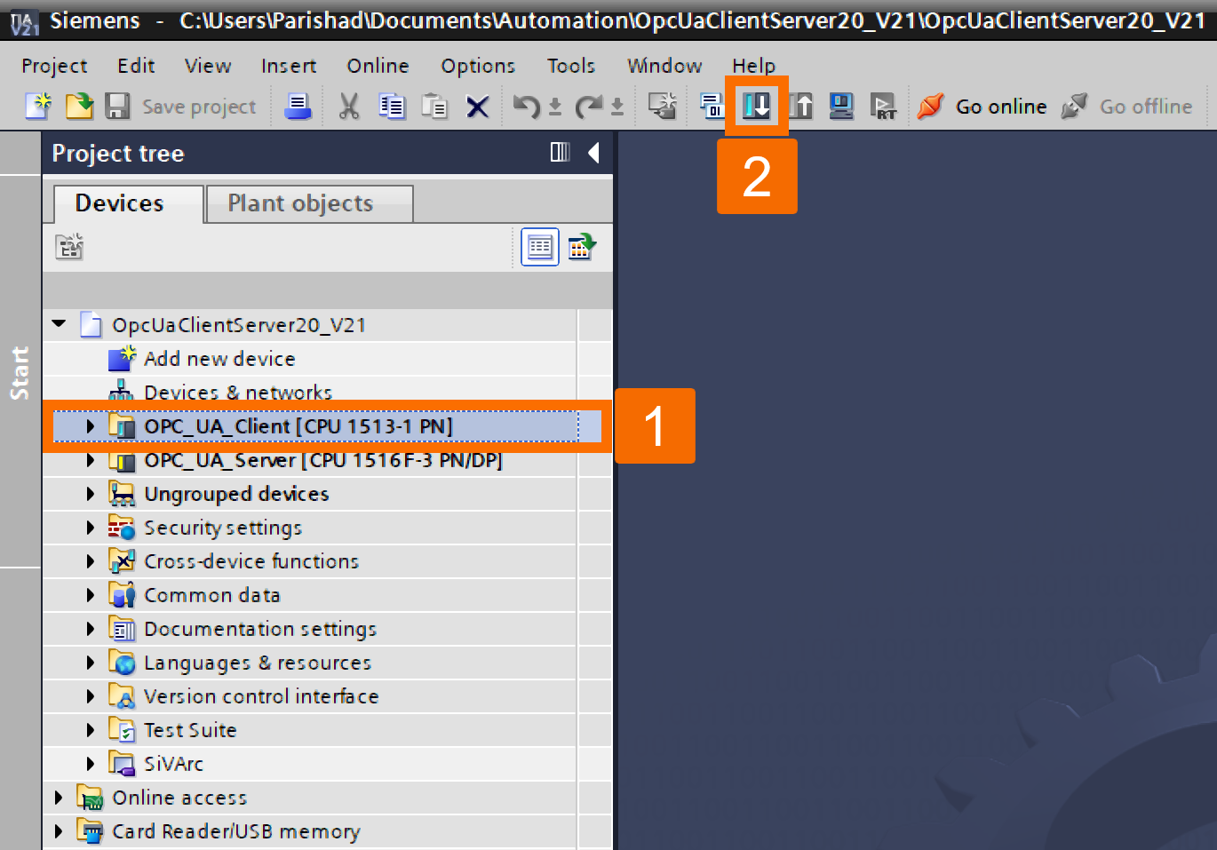 Figure 5.5: OPC UA Client setup on Siemens PLC - Downloading project to PLC