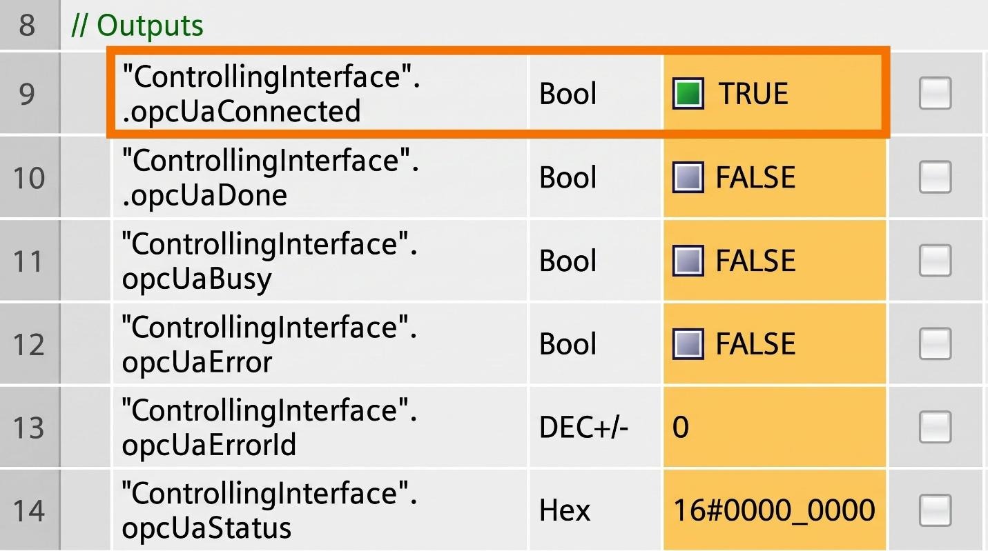Figure 6.3: OPC UA Client setup on Siemens PLC - Verifying online connection state