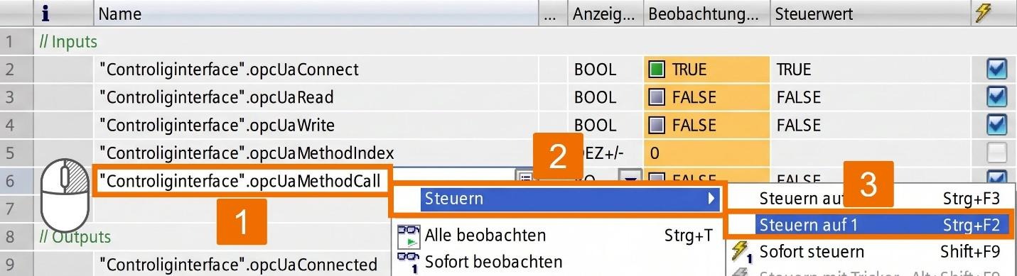 Figure 6.11: OPC UA Client setup on Siemens PLC - Triggering method execution