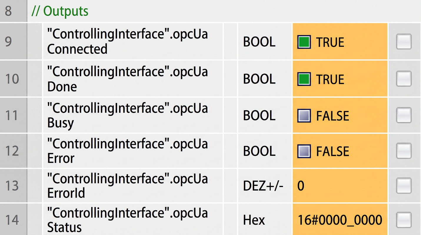 Figure 6.12: OPC UA Client setup on Siemens PLC - Checking method status