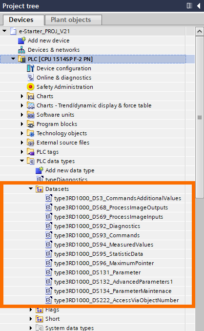 Figure 2.2: Configuring & Monitoring ET 200SP Motor Starter - Datasets list