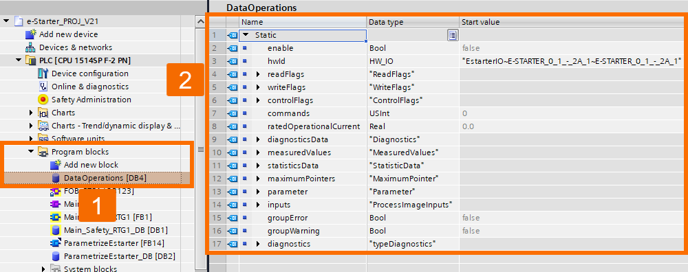 Figure 3.1: Configuring & Monitoring ET 200SP Motor Starter - Data block variables