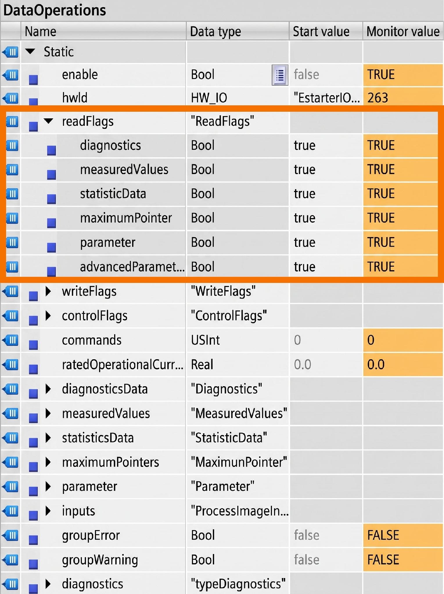 Figure 3.4: Configuring & Monitoring ET 200SP Motor Starter - Readflags variables in DB