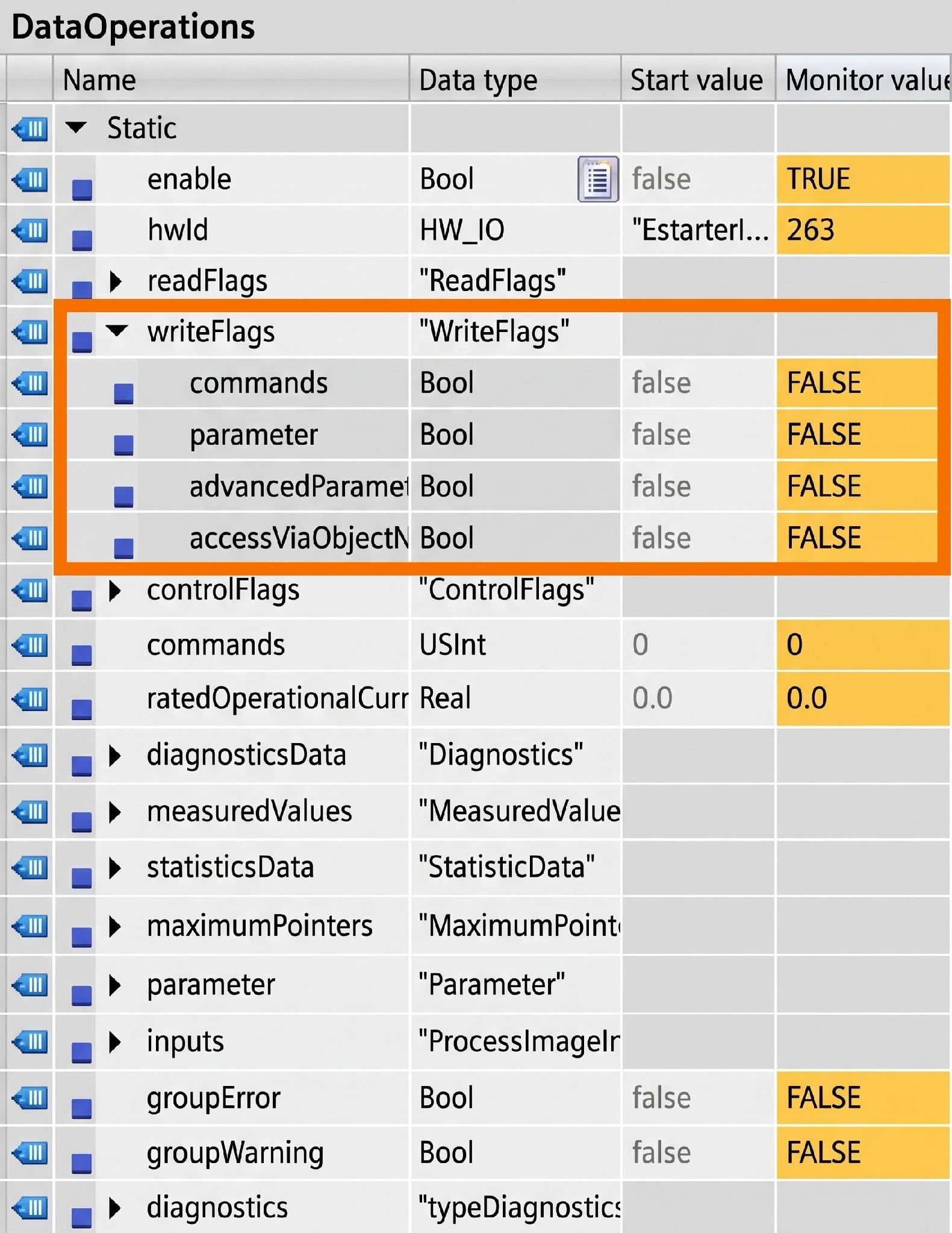 Figure 3.5: Configuring & Monitoring ET 200SP Motor Starter - Writeflags variables in DB