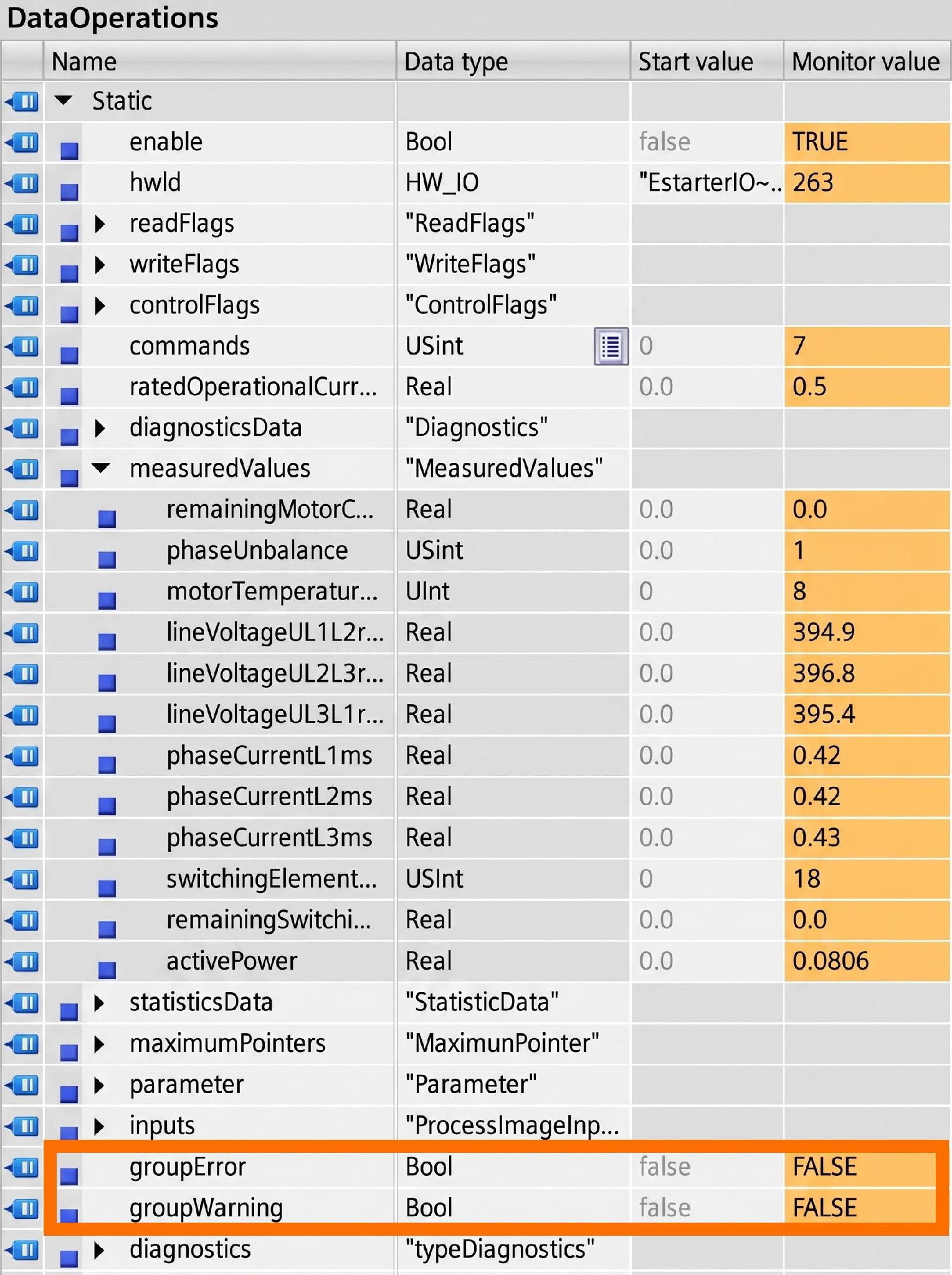 Figure 3.14: Configuring & Monitoring ET 200SP Motor Starter - Group error & group warning variables