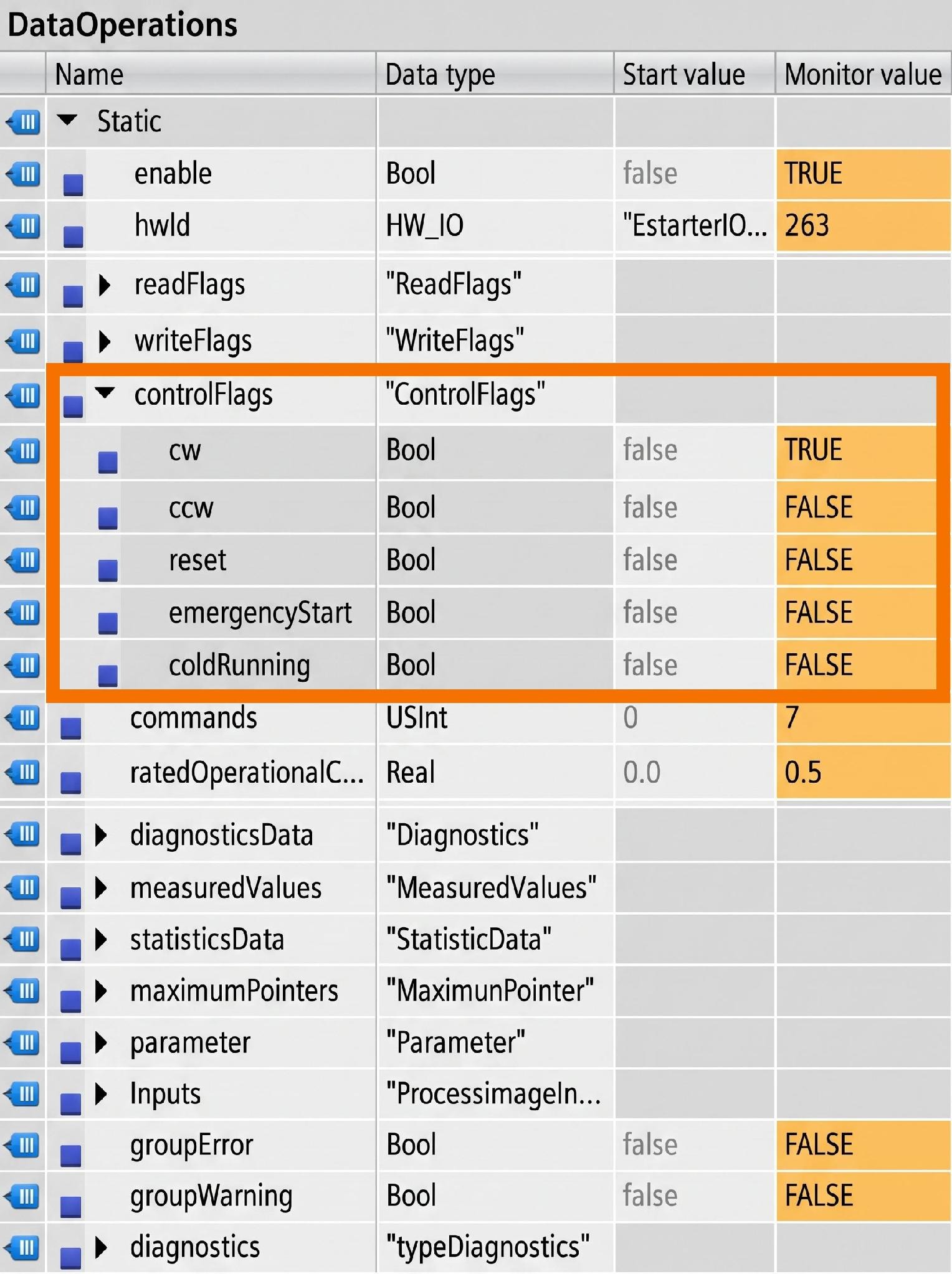 Figure 3.12: Configuring & Monitoring ET 200SP Motor Starter - ControlFlags variables in DB