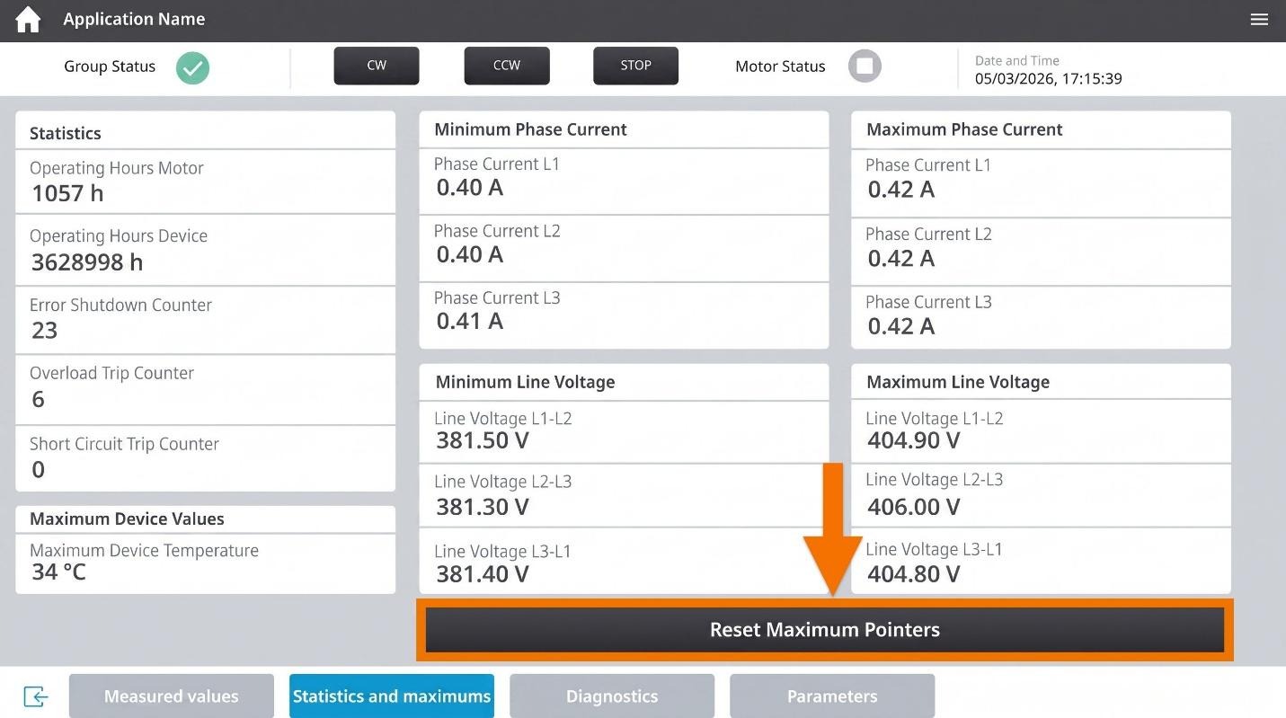 Figure 4.4: Configuring & Monitoring ET 200SP Motor Starter - Statistics & maximums screen