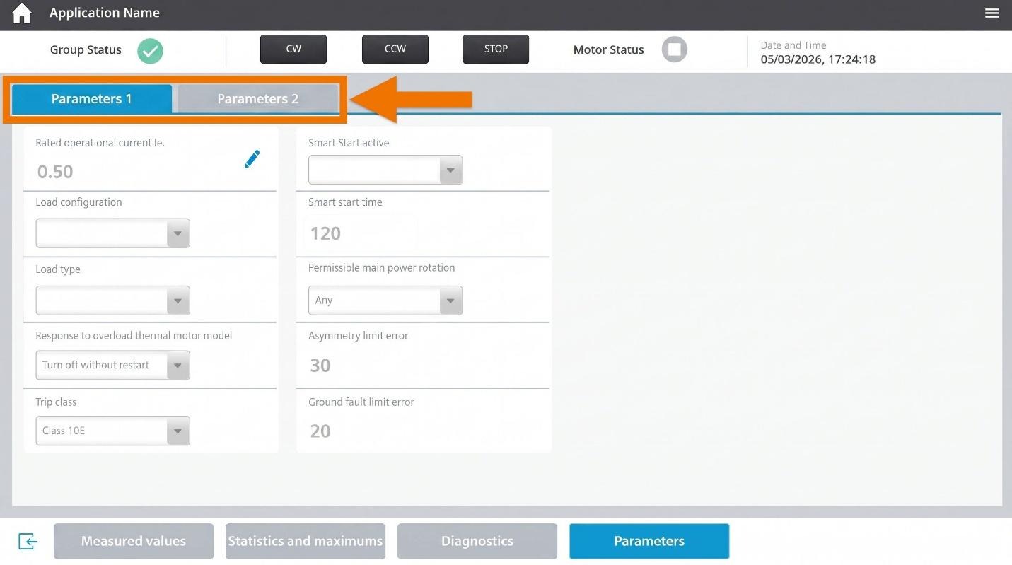 Figure 4.6: Configuring & Monitoring ET 200SP Motor Starter - Parameters screen
