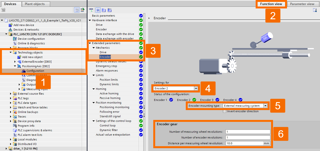 Figure 4.7: Encoder setup guide to S7-1200 G2 HSC - Encoder mechanics extended parameters (PositioningAxis TO)