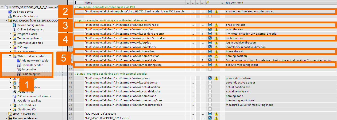 Figure 5.8: Encoder setup guide to S7-1200 G2 HSC - Simulation configuration watch table (PositionAxis TO)