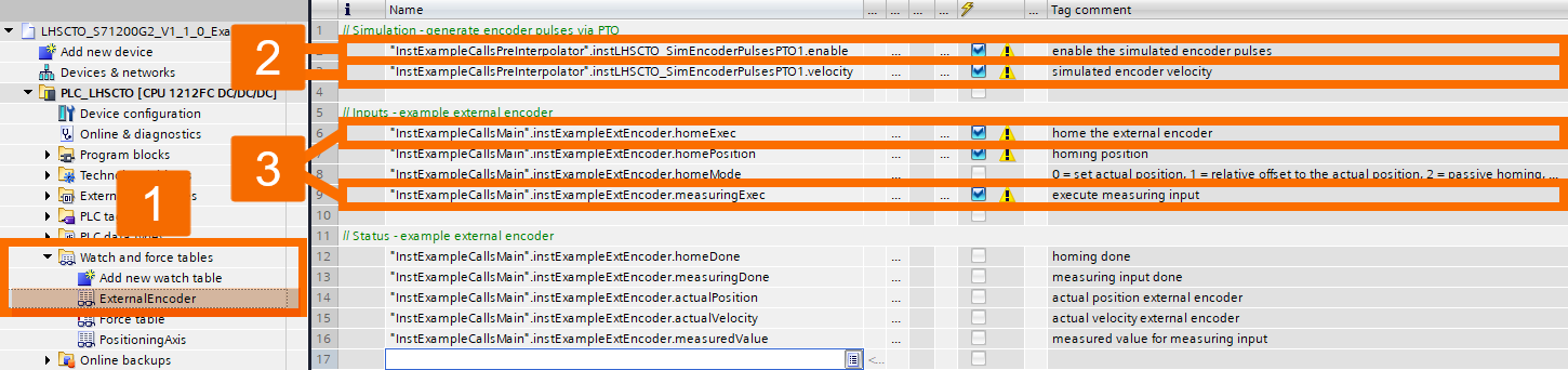 Figure 5.7: Encoder setup guide to S7-1200 G2 HSC - Simulation configuration watch table (ExternalEncoder TO)
