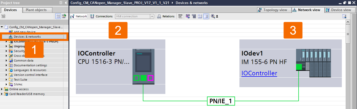 Figure 6.1: CANOpen manager & slave setup in TIA Portal - Adding IO controller & IO device
