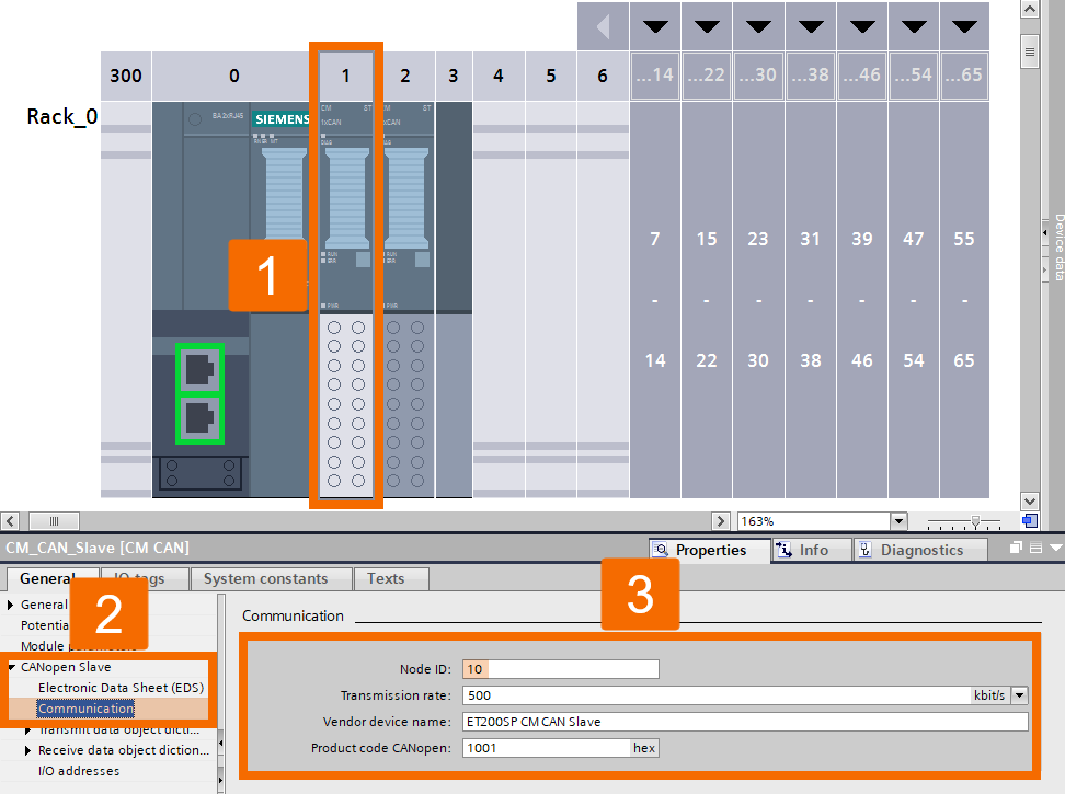 Figure 6.4: CANOpen manager & slave setup in TIA Portal - CANOpen slave module communication