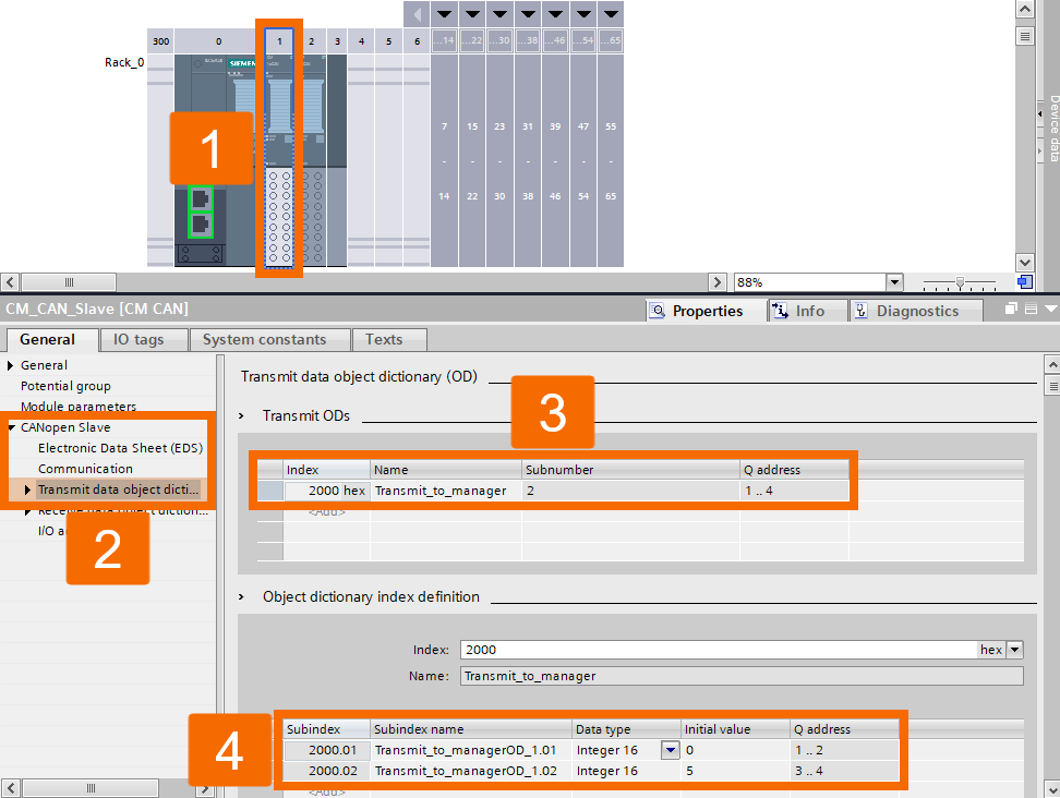Figure 6.5: CANOpen manager & slave setup in TIA Portal - CANOpen slave module send data setup