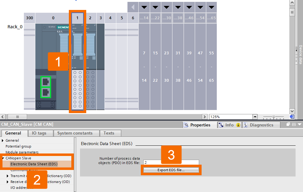 Figure 6.7: CANOpen manager & slave setup in TIA Portal - Exporting CANOpen slave module configuration