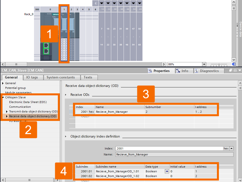 Figure 6.6: CANOpen manager & slave setup in TIA Portal - CANOpen slave module receive data setup