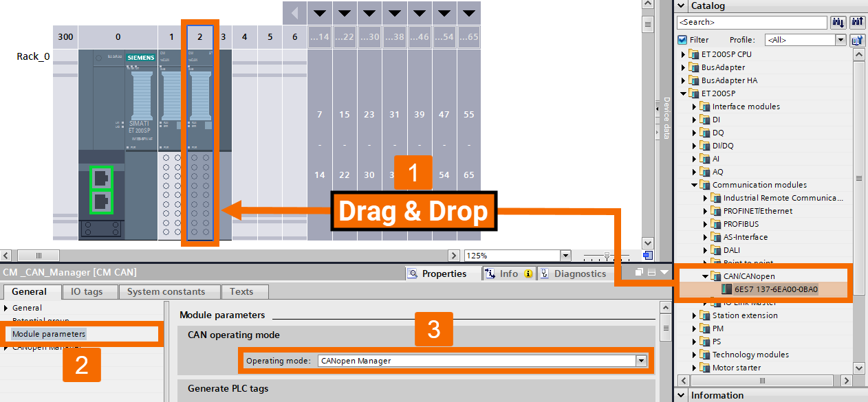 Figure 6.8: CANOpen manager & slave setup in TIA Portal - Adding CANOpen manager module