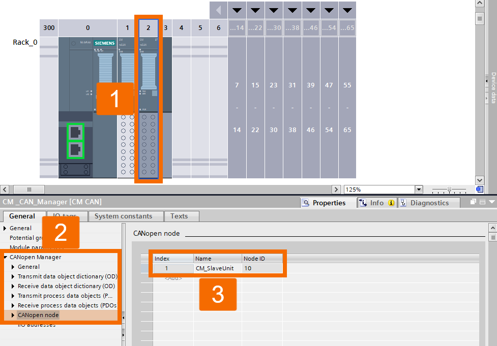 Figure 6.9: CANOpen manager & slave setup in TIA Portal - Creating CANOpen manager’s node 