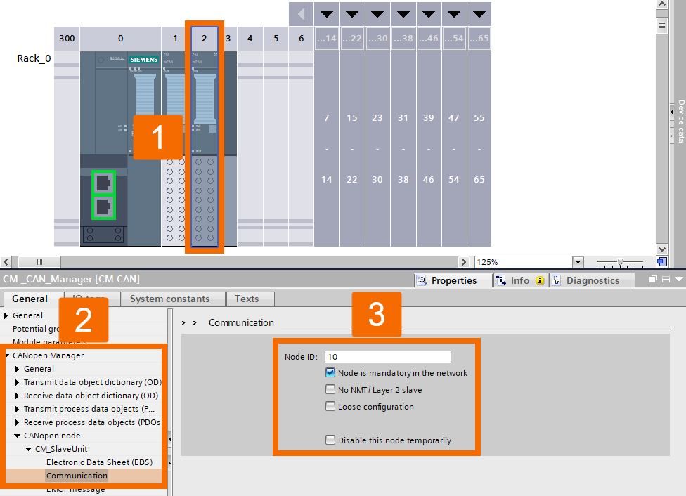 Figure 6.11: CANOpen manager & slave setup in TIA Portal - Node ID configuration