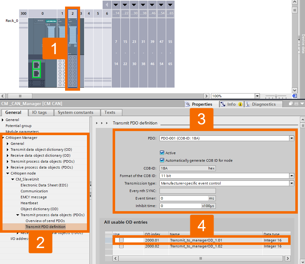 Figure 6.12: CANOpen manager & slave setup in TIA Portal - Defining slave output data