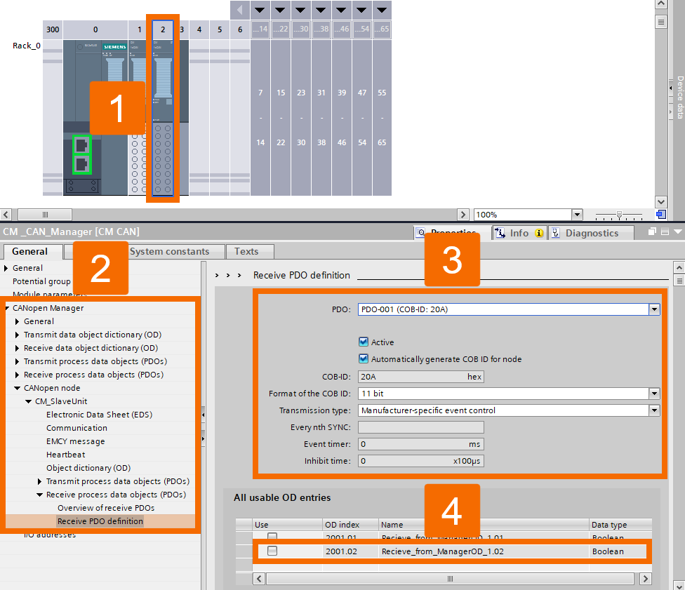 Figure 6.13: CANOpen manager & slave setup in TIA Portal - Defining slave input data