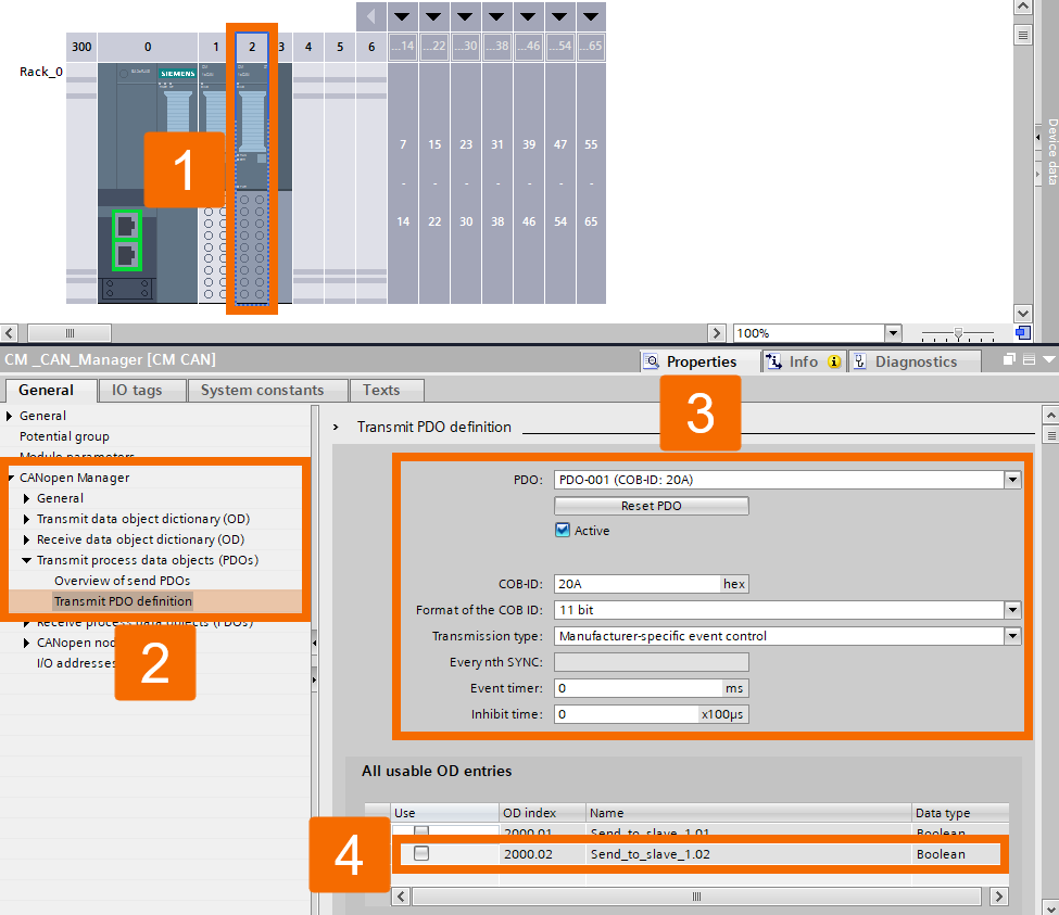Figure 6.15: CANOpen manager & slave setup in TIA Portal - Configuring transmit PDOs