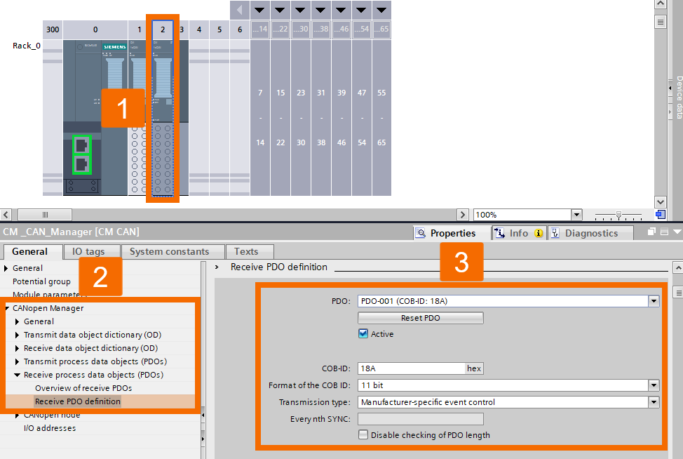 Figure 6.18: CANOpen manager & slave setup in TIA Portal - Configuring manager Tx PDOs