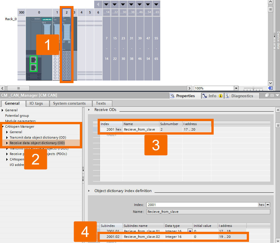 Figure 6.17: CANOpen manager & slave setup in TIA Portal - Mapping receive ODs