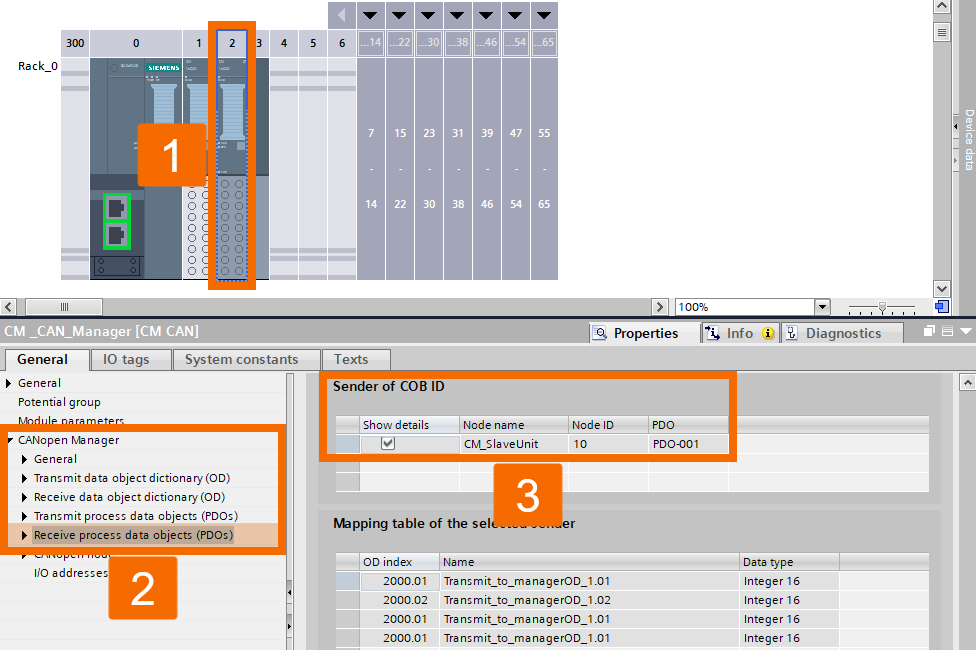 Figure 6.19: CANOpen manager & slave setup in TIA Portal - PDO setting check