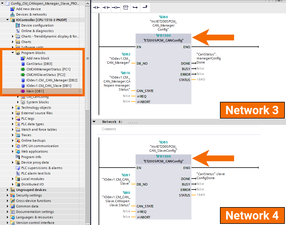 Figure 7.1: CANOpen manager & slave setup in TIA Portal - Calling CAN function block twice in OB1