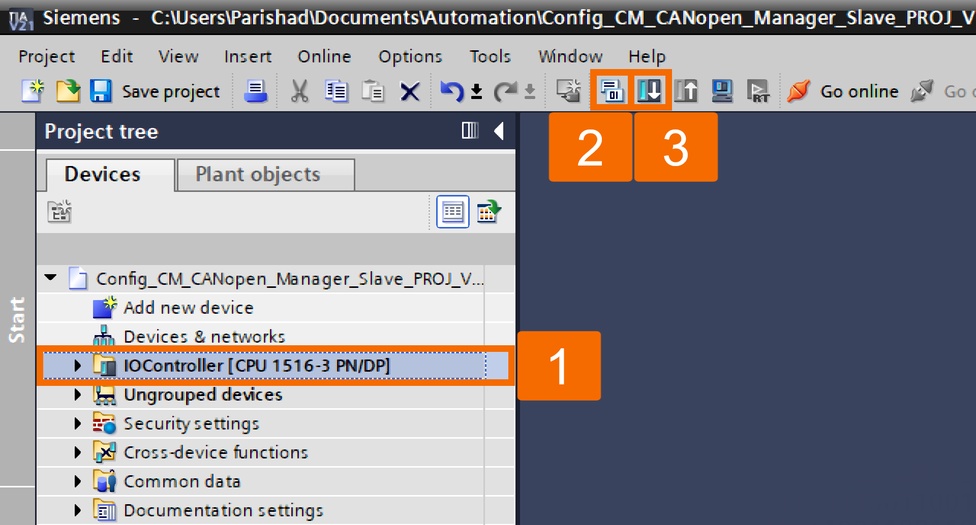 Figure 8.1: CANOpen manager & slave setup in TIA Portal - Compiling & downloading the project