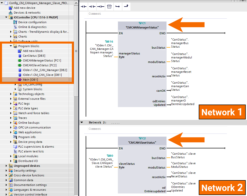Figure 7.2: CANOpen manager & slave setup in TIA Portal - Calling CAN master and slave functions 