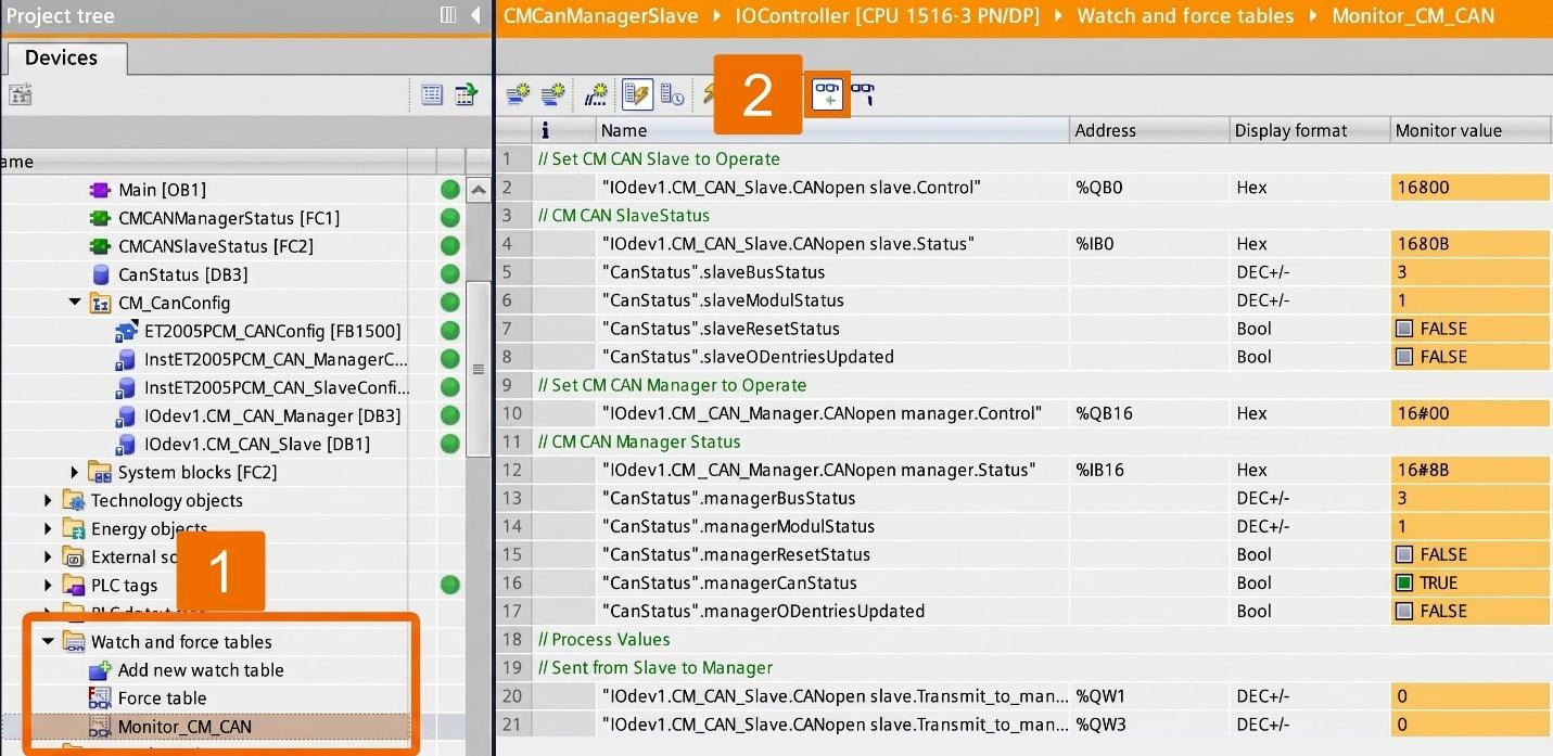 Figure 8.2: CANOpen manager & slave setup in TIA Portal - Going online with the watch table