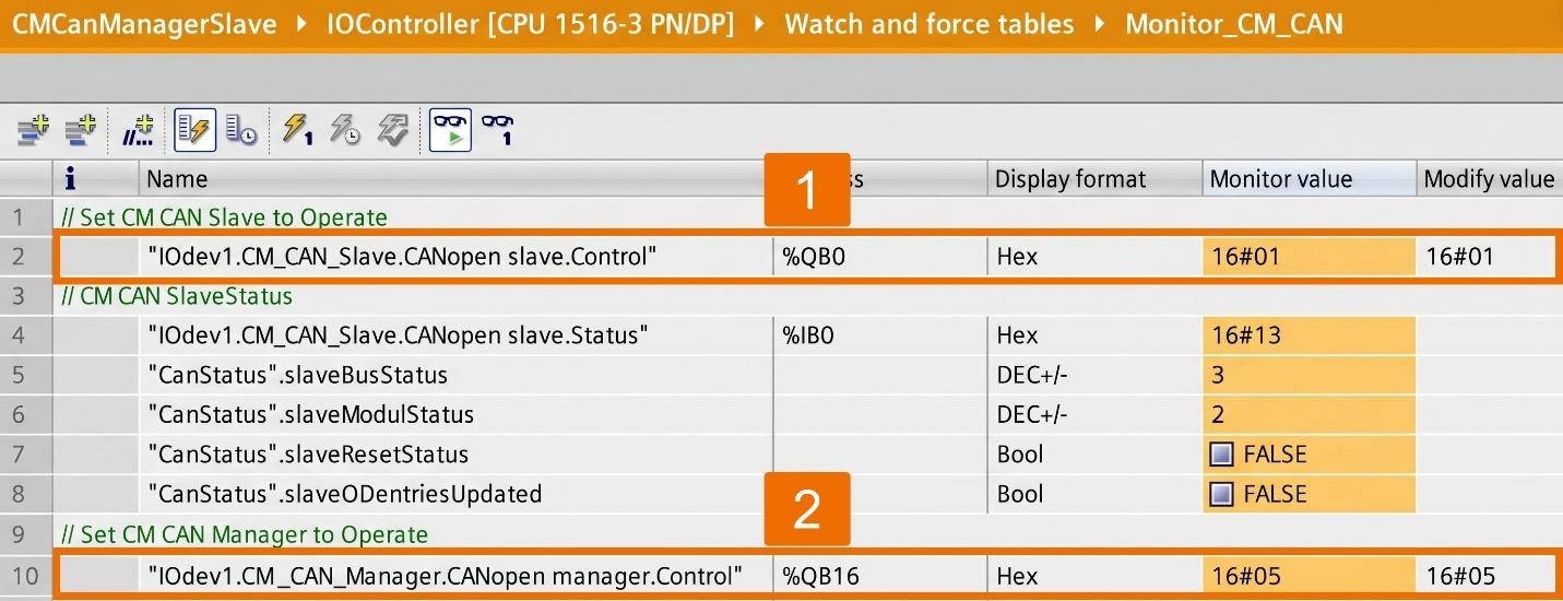 Figure 8.3: CANOpen manager & slave setup in TIA Portal - Assigning control bytes