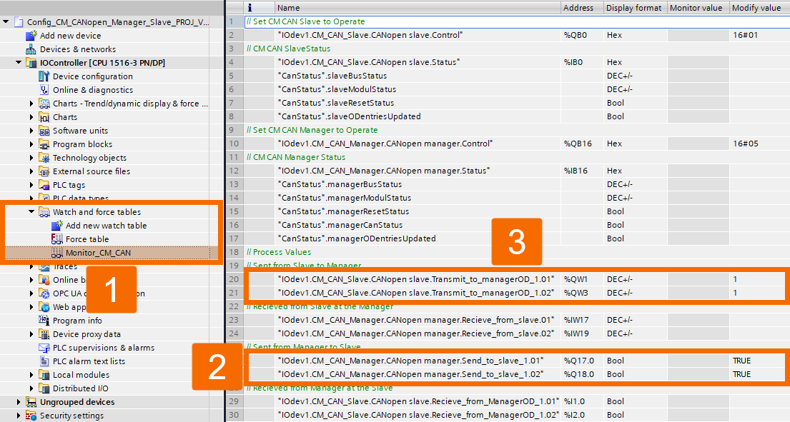 Figure 8.4: CANOpen manager & slave setup in TIA Portal - Testing CAN data exchange