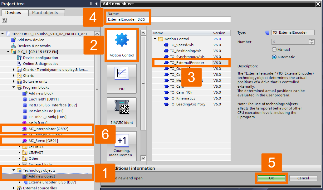 Figure 5.1: BiSS C encoder setup with S7-1500 PLC - Adding ExternalEncoder technology object
