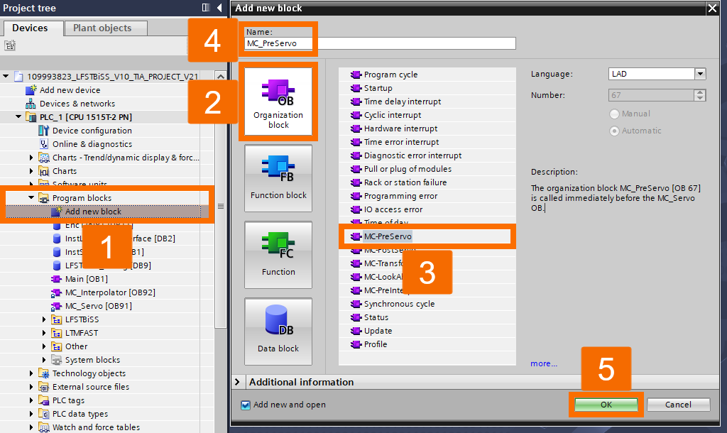 Figure 5.2: BiSS C encoder setup with S7-1500 PLC - Adding MC_PreServo organization block