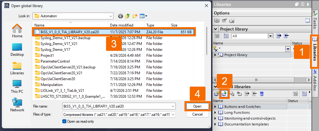 Figure 7.1: BiSS C encoder setup with S7-1500 PLC - Importing BiSS C encoder library