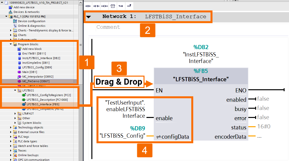 Figure 7.4: BiSS C encoder setup with S7-1500 PLC - Calling LFSTBiSS interface FB