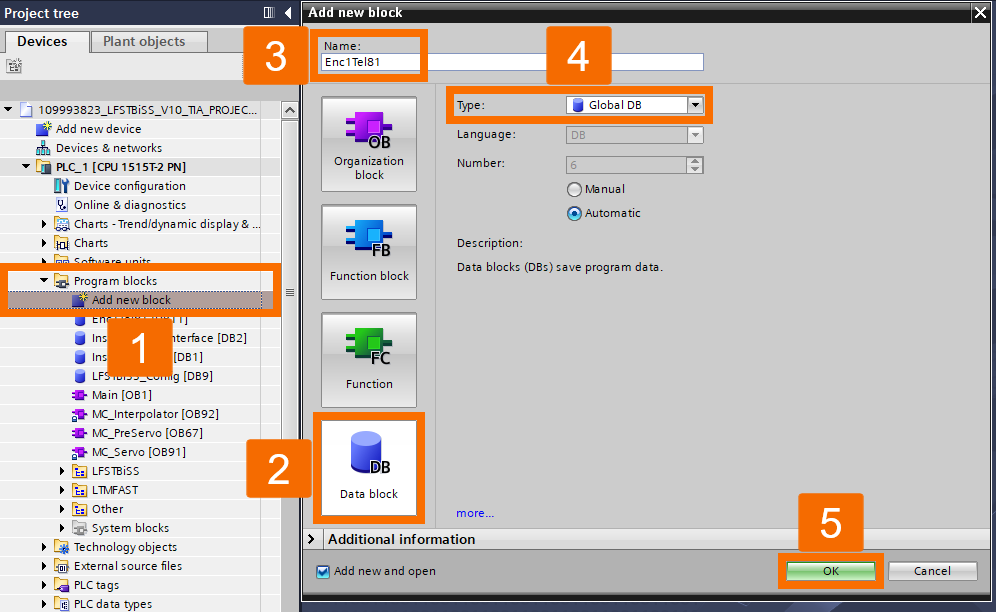 Figure 8.1: BiSS C encoder setup with S7-1500 PLC - Creating TO_ExternalEncoder data block