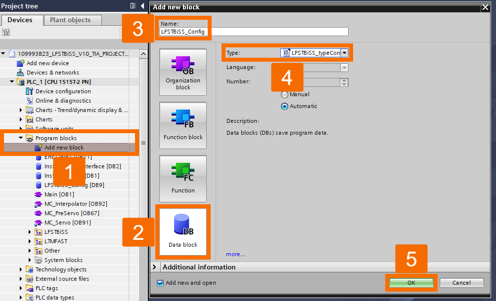 Figure 7.3: BiSS C encoder setup with S7-1500 PLC - Creating LFSTBiSS configuration data block