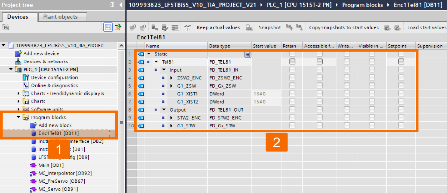 Figure 8.2: BiSS C encoder setup with S7-1500 PLC - Creating Tel81 data field