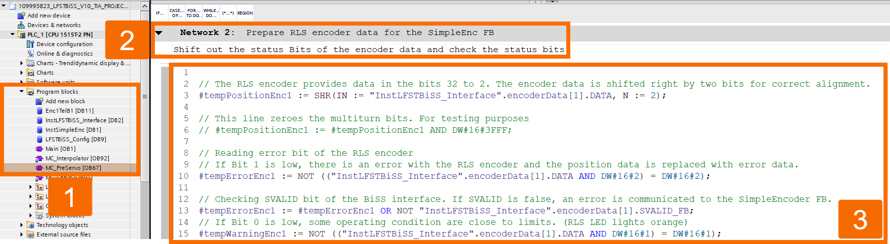 Figure 8.3: BiSS C encoder setup with S7-1500 PLC - Configuring encoder data preparation